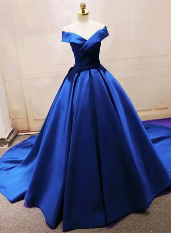 Robe de soirée en Satin bleu Royal 15, magnifique robe longue à épaules dénudées, col en V, robe de bal