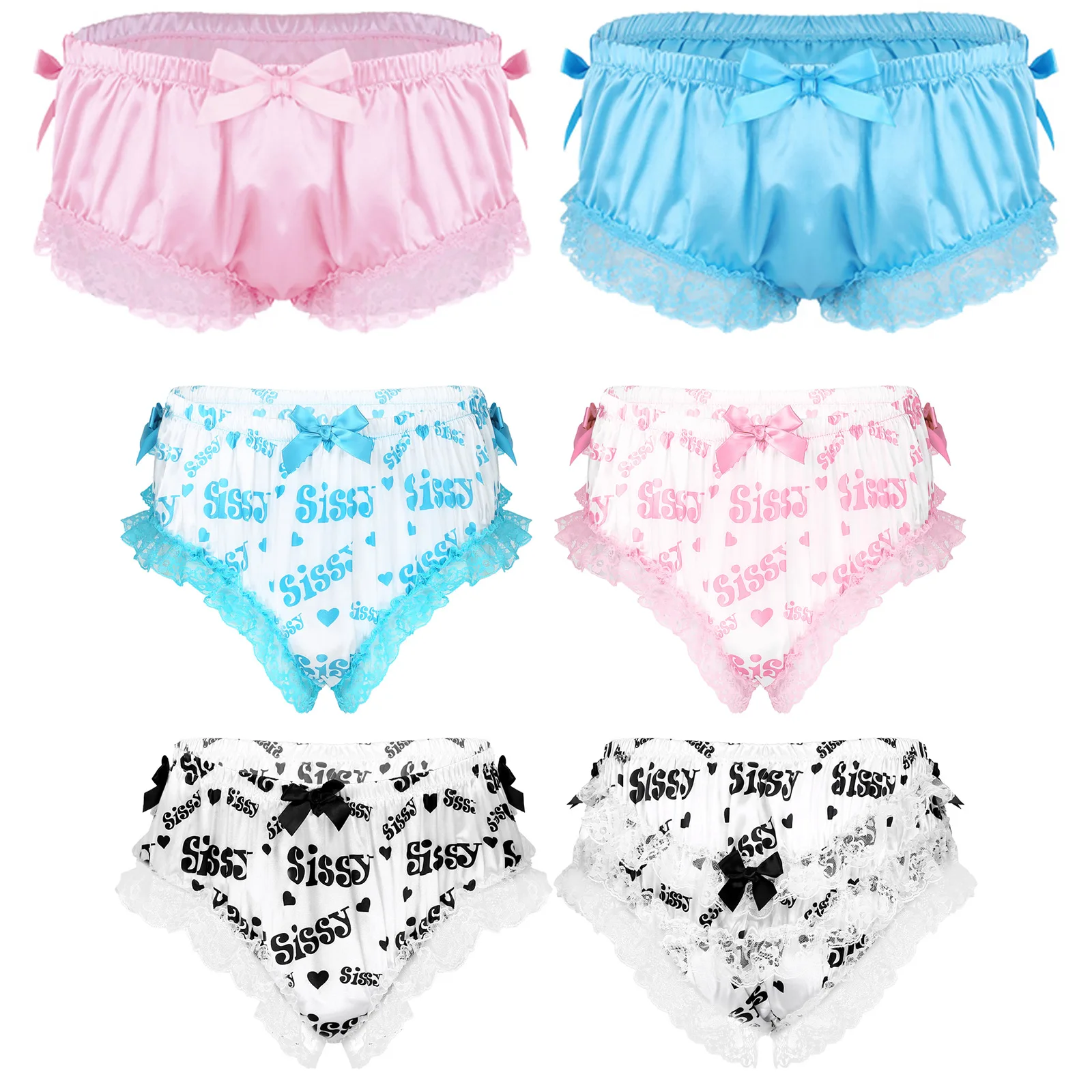 Mens Sissy Underwear Lingerie Crossdress Sexy Briefs Shiny Satin Ruffled Floral Lace Cute Bowknot Knickers Panties Gay Underwear