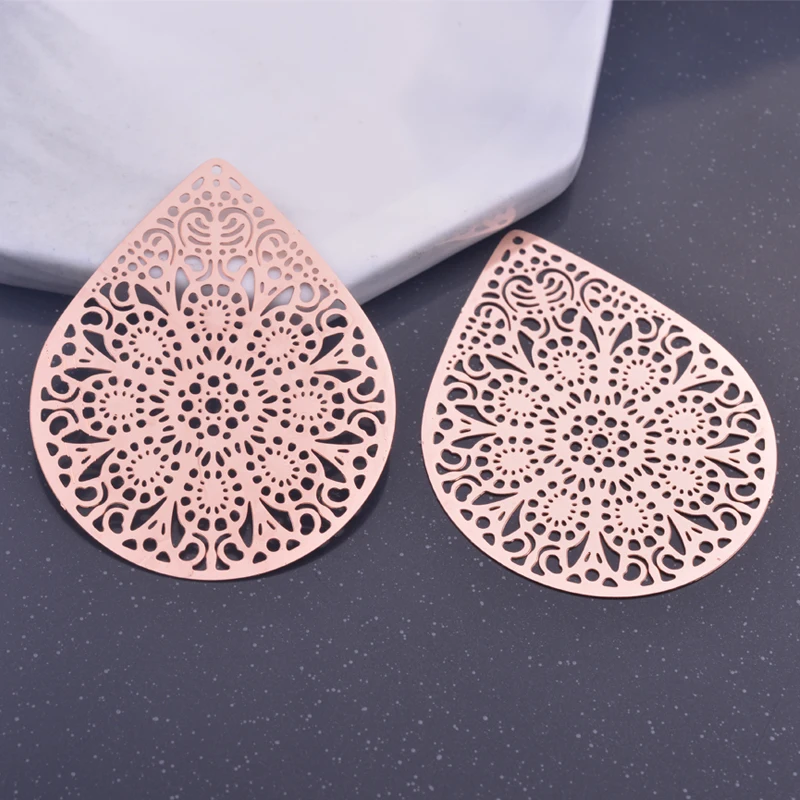 6pcs 38*49mm Rose gold Color Big Water drop Charms Silver plated leaf  Filigree Charm Earring Brass Pendant Jewelry DIY Earring