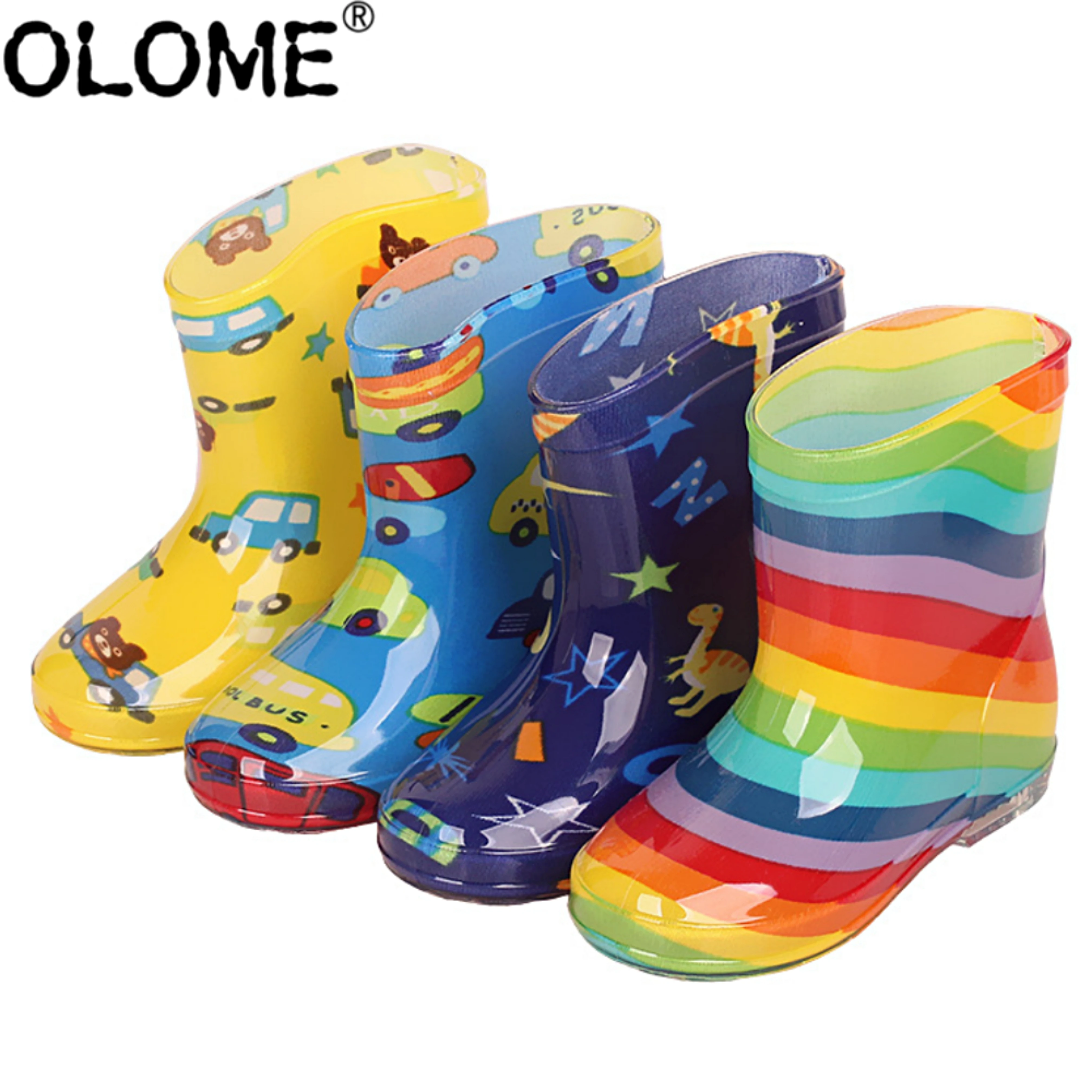 Kids Rubber Rain Boots Girls Water Shoes Rainbow Waterproof Shoes for Children Boys Rain Shoes OLOME PVC Toddler Rain Boots