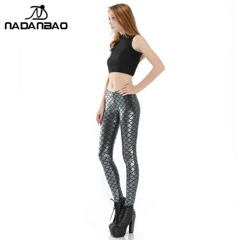 NADANBAO Mermaid Fish Scale Leggings Women Sexy Bright Leather Trousers High Wasit Workout Pants Multicolor Fitness Bottom