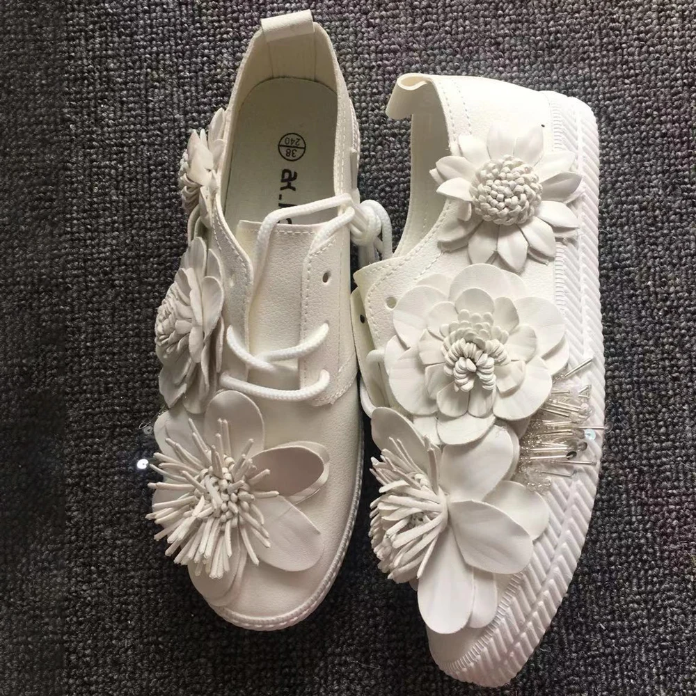 New Summer Flower Casual Shoes Lace-up Fashion Lazy Soft Comfortable Flats Female Belt Waterproof Daily White Shoes No Tired