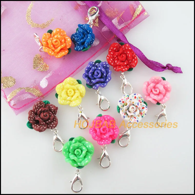 10 New Rose With Clasps Charms Silver Plated Clay Mixed