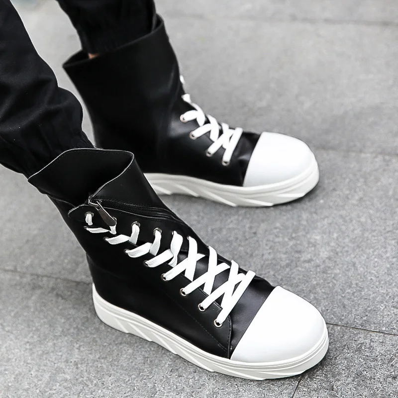 new Men 6 cm Height Increasing Platform Boots Back Zip Leather Shoes Male Mixed Colors Y3 High Top Black White Men\'s Boots