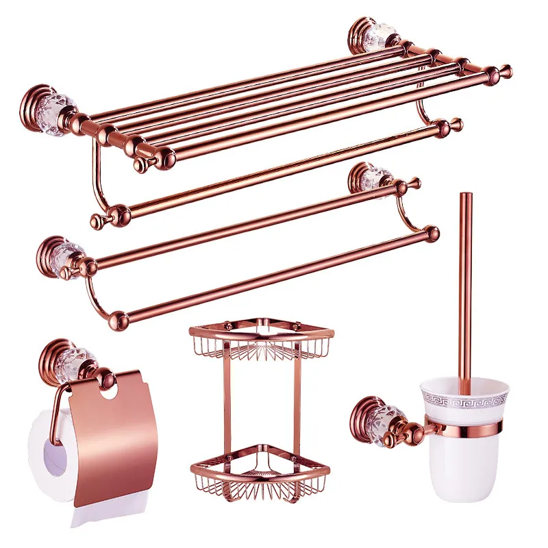 Rose Gold Bathroom Hardware Accessory,Brass Towel Rack,Paper Holder,Toilet Brush Holder,Corner Shelf,Soap Basket,Crystal Base