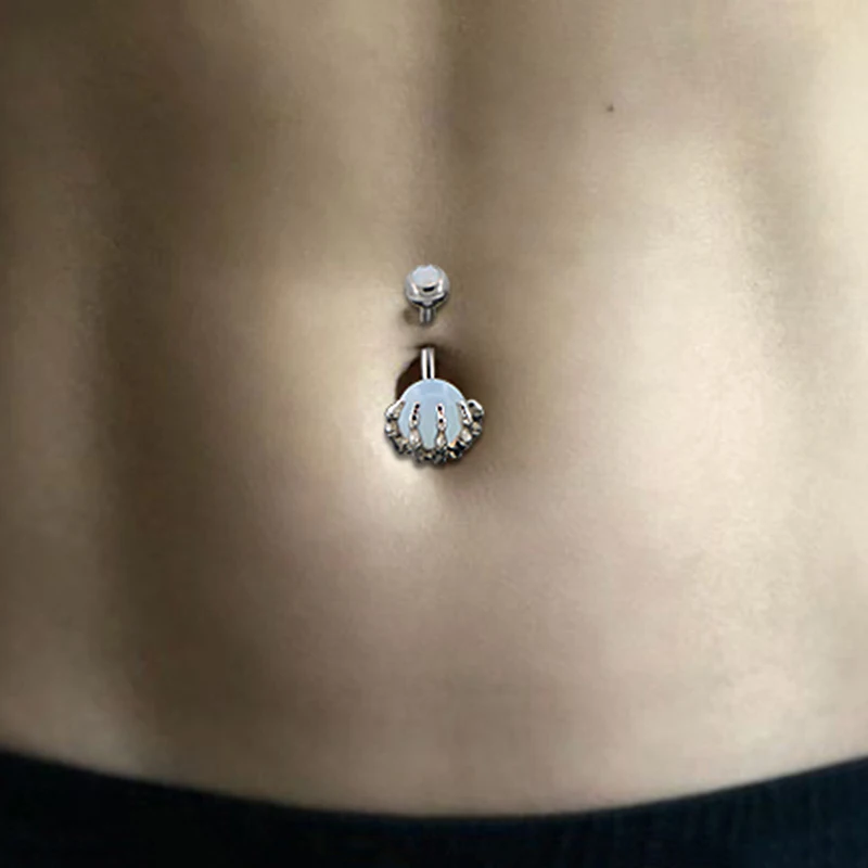 Punk Opalite Navel Piercing Ombligo Skeleton Hand Holding Stone Ball Belly Button Rings 14g Steel Body Jewelry Women Men Oreja