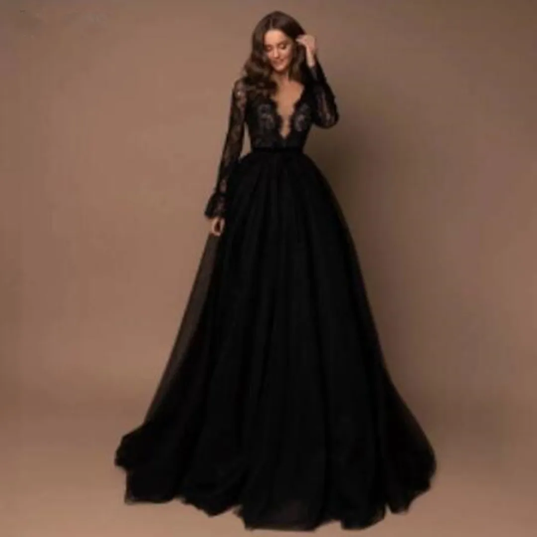 

Luxury Black Party Dresses Celebrity Evening Dresses Sexy Deep V Neck Prom Gown Dubai Arabic Full Sleeves Robe De Soiree