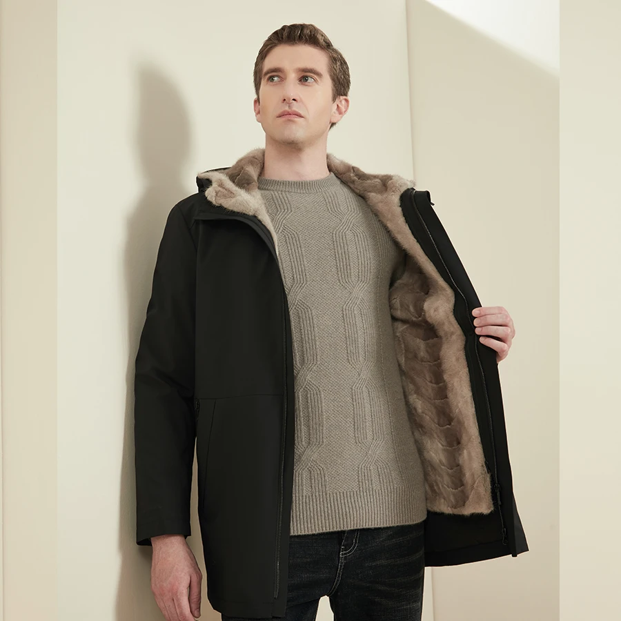 Men Real Mink Fur Coats Winter Warm Fur Jackets With Fur Hood 2024 Luxury Brand New Arrival