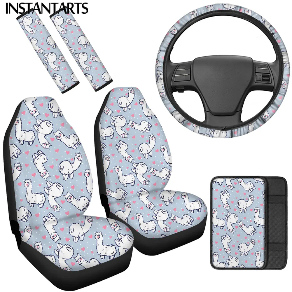 

INSTANTARTS Lovely Llama Printed Anti-Slip Car Seat Cushion Steering Wheel Cover Easy Clean Auto Center Cover Seatbelt Covers