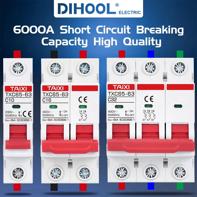 6KA MCB C65N-63 Miniature Circuit Breakers with Indication AC 400V 1P 2Pole 3P 4P 6000A Breaking 30A 60A