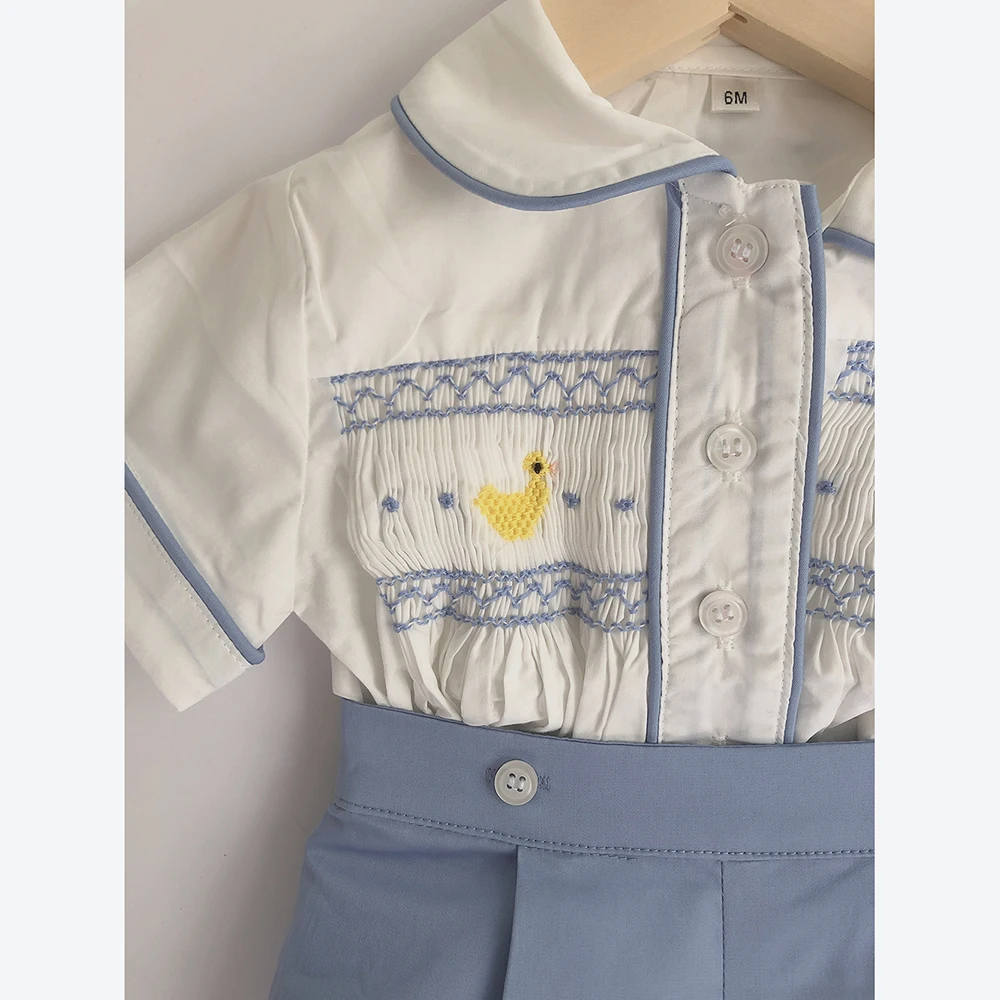 Children Boutique Clothing Baby Boys Handmade Smocked Duck Embroidered Set Cotton Short Sleeves Birthday Prince Suit Eid Clothes