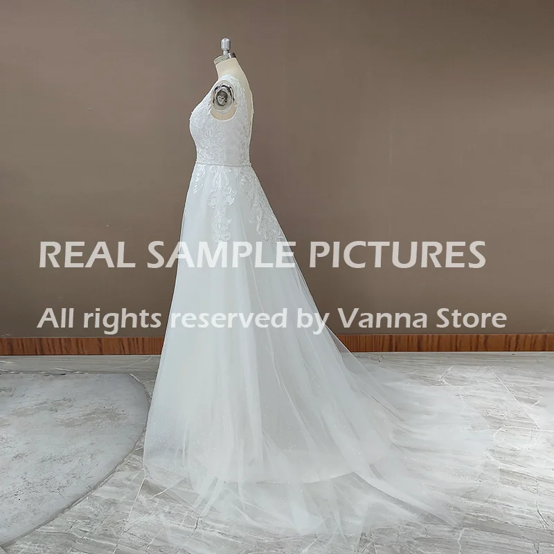 V-Neck Lace Beach Maxi Bohemian Wedding Dress A Line Tulle Short Train Elegant 2021 Party Backless Princess White Bridal Gowns