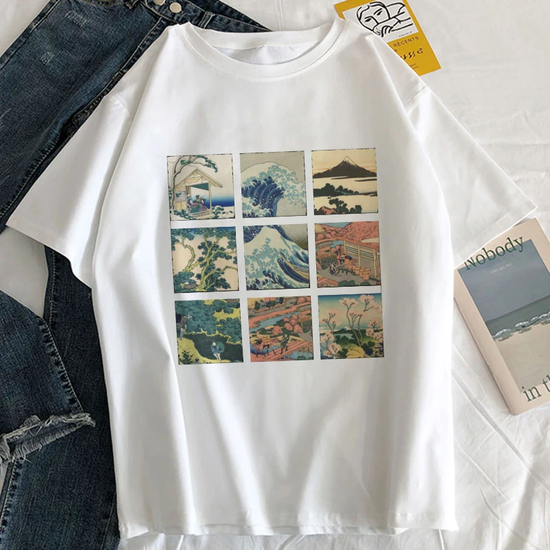 New Summer T-shirt Women Harajuku Vintage Funny Van Gogh Art Oil Painting Lattice Print Jiugongge T Shirt Ulzzang Female T-shirt