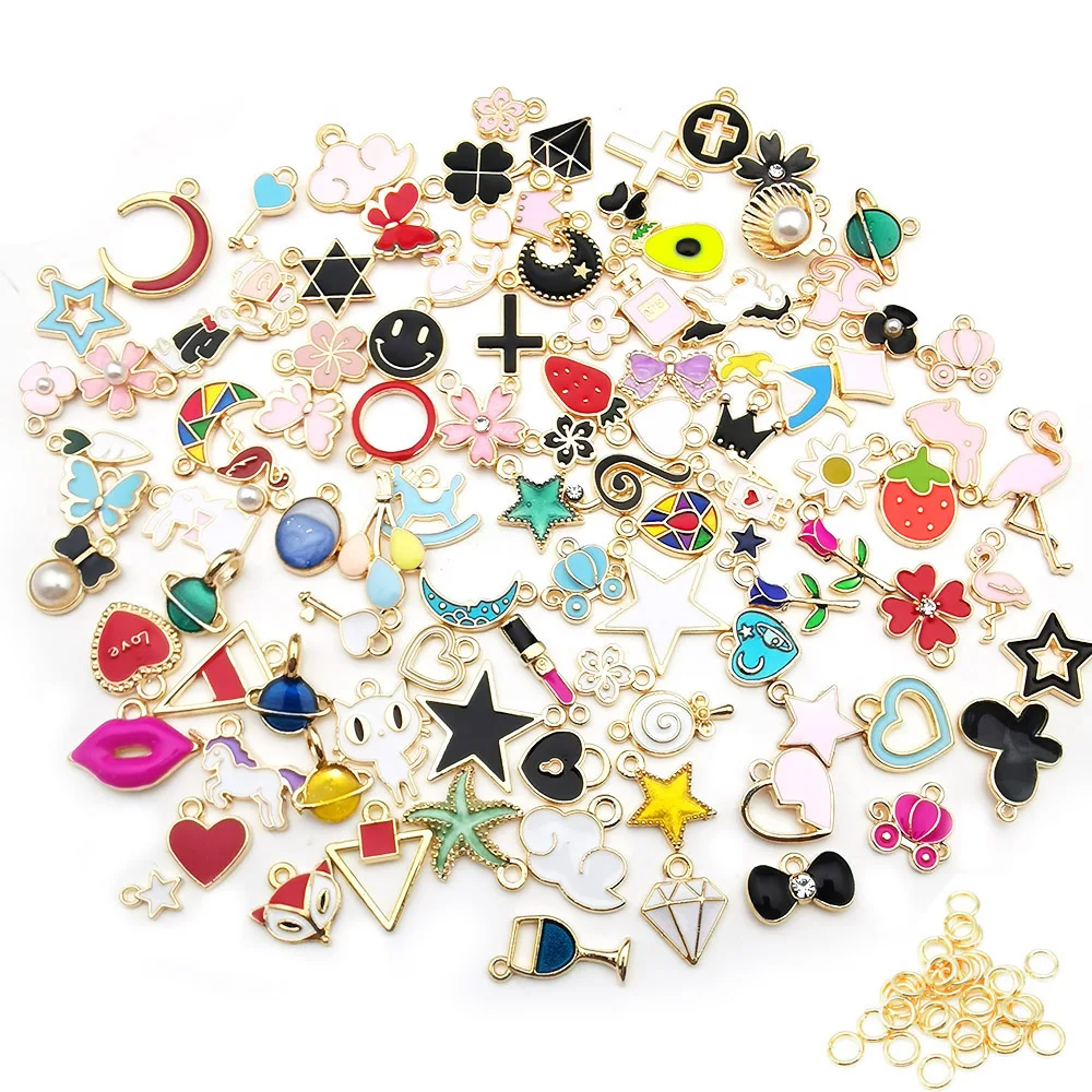 

Mix 100PCS Assorted Gold Plated Enamel Animal Plant Fruit Moon Star Charms Pendants for DIY Necklace Bracelet Earrings Making