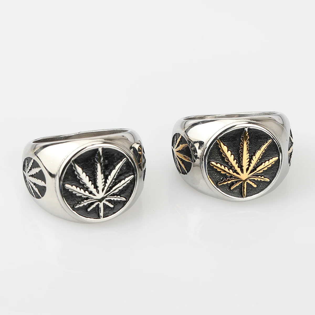 HIP Hop 316L Stainless Steel Lced Out Bling Gold Color Ring Weed Maple Leaf Rings for Men Jewelry