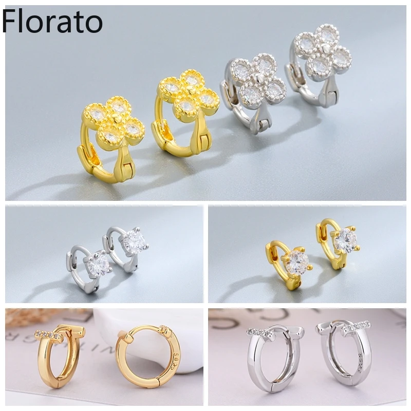 

925 Sterling Silver Korean Simple Piercing Flower Hoops Earrings Small Geometry Round Zirconia Huggie Earrings Fine Jewelry Gift