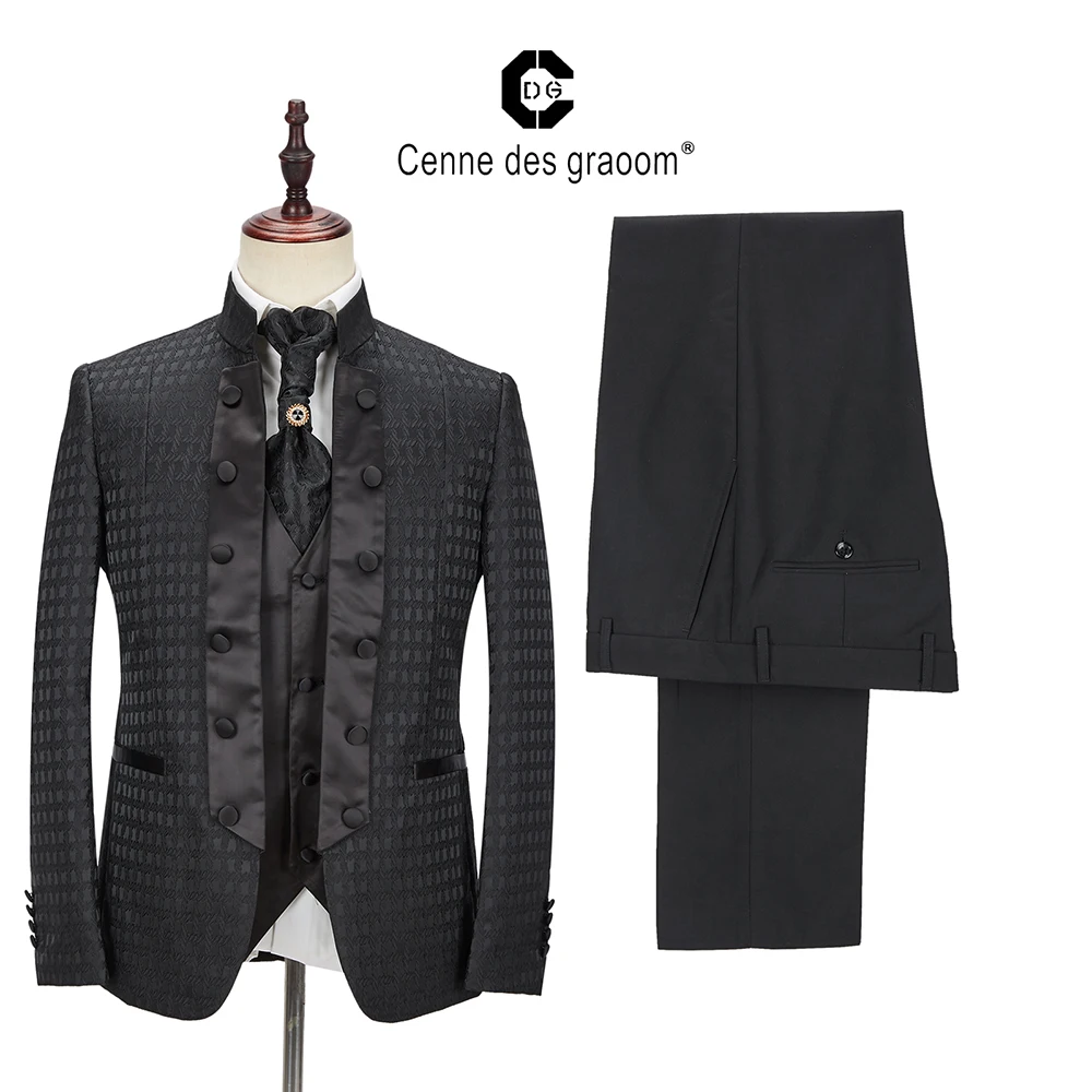 Cenne Des Graoom New Men Suit Tailor-Made Costume Blazer Vest Pants Tie Wedding Party Groom Tuxedo DG-A3 Black