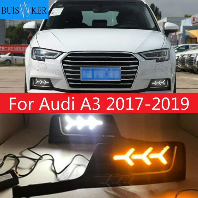 

1set For Audi A3 2017-2019 12V LED DRL Daytime Running Lights Daylight Fog light with yellow turn Signal