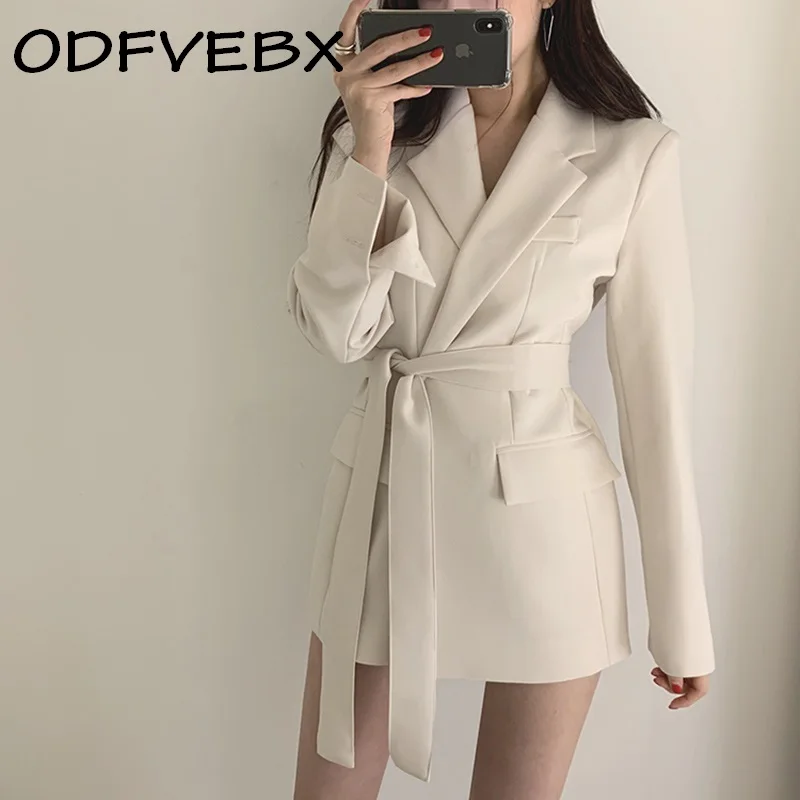 

Office Ladies Blazer Dress Women Suits With Belt Outerwear Female Long Sleeve Elegant White Black Suit Jacket Women's Jackets