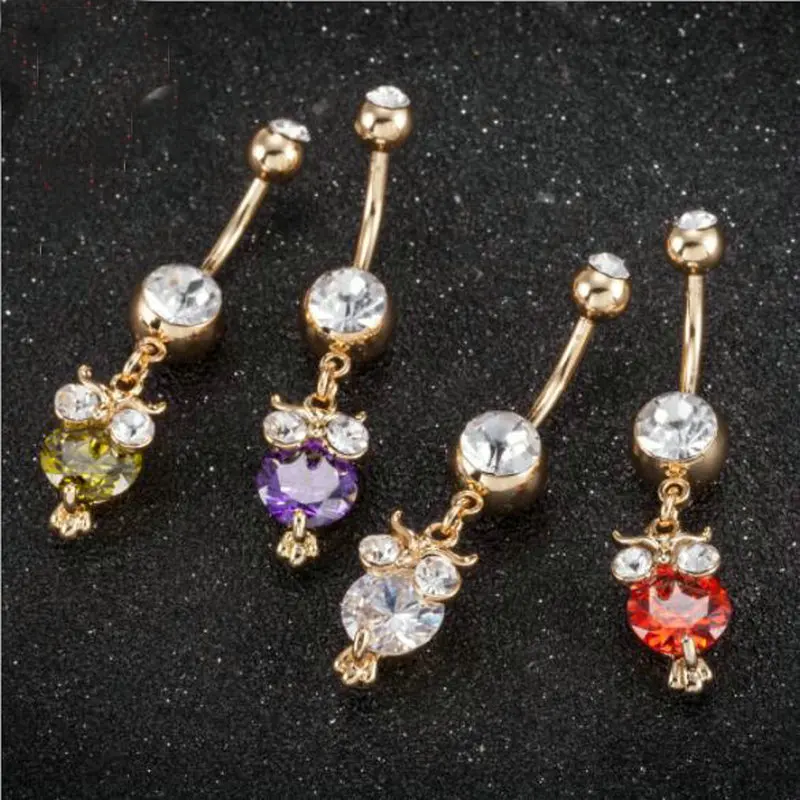 

12pcs/lot Cute Owl Navel Belly Bar Dangle Stainless Steel Belly Ring Body Piercing Jewelry 14G