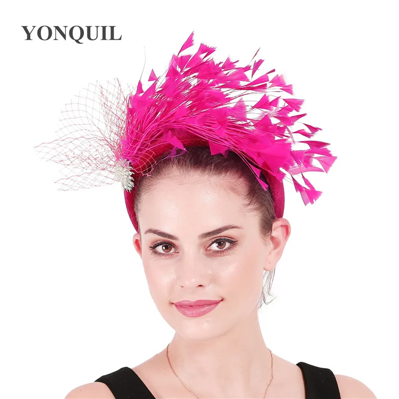 Hot Pink Feather Cocktail Hairbands For Woman Event Dinner Party Thick Velvet Women Headbands Hair Accessories Fashion Headwear