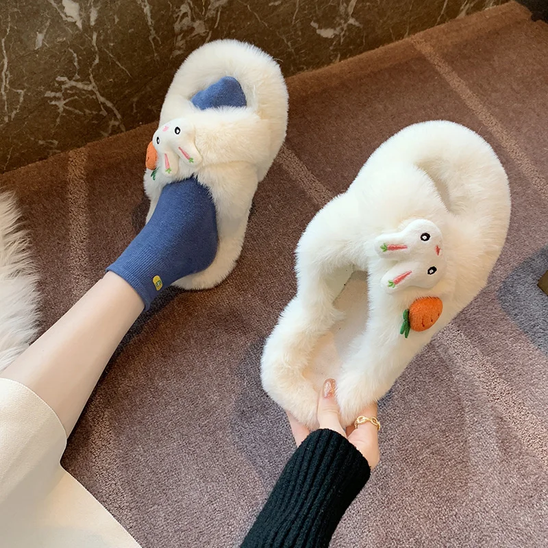 Cross Furry Slippers Women 2021 Autumn And Winter Lovely Rabbit Wool Slipper Versatile Korean Home Cotton Slippers