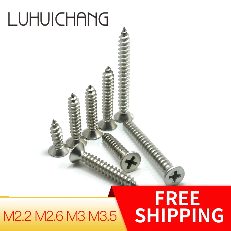 LUHUICHNAG Stainless Steel 304 M2.2 M2.6 M3 M3.5Cross Recessed Flat CountersunK Head Screws Phillips Self-tapping Wood Screws