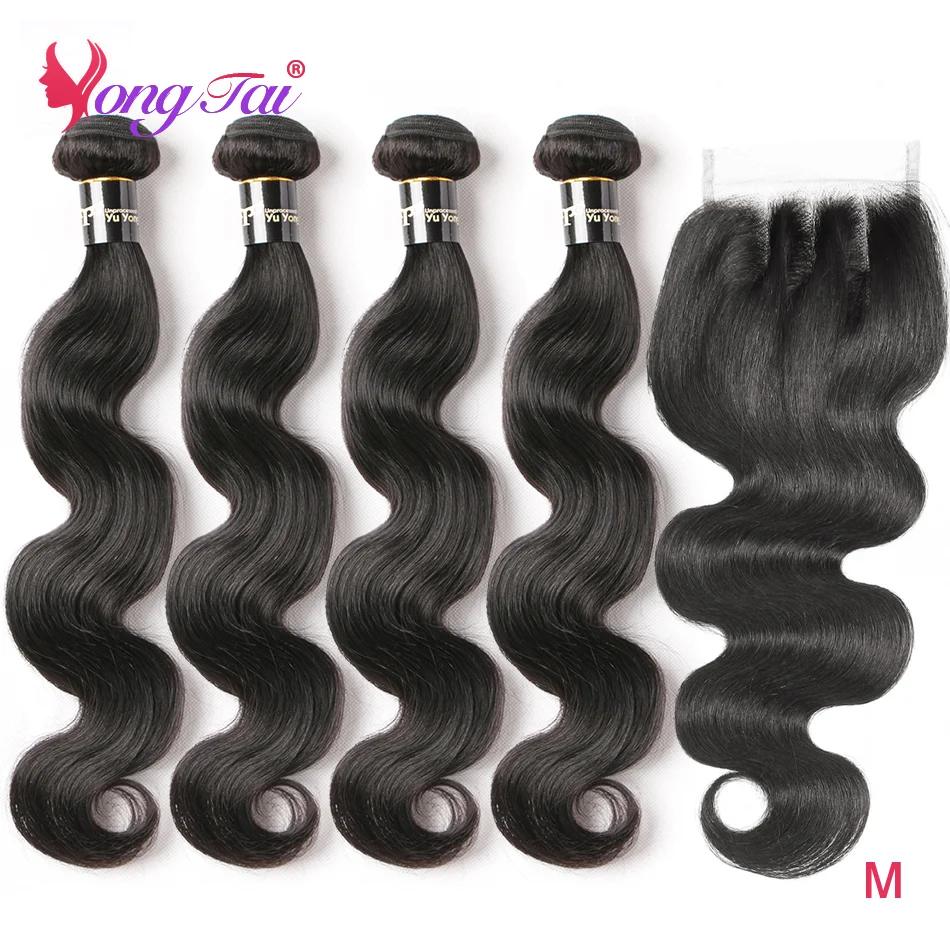 YuYongtai Peruvian Body Wave 4รวมกลุ่มกับลูกไม้ Non-Remy ผมต่อมนุษย์สำหรับผู้หญิงราคาถูกพร้อม Gratis Ongkir