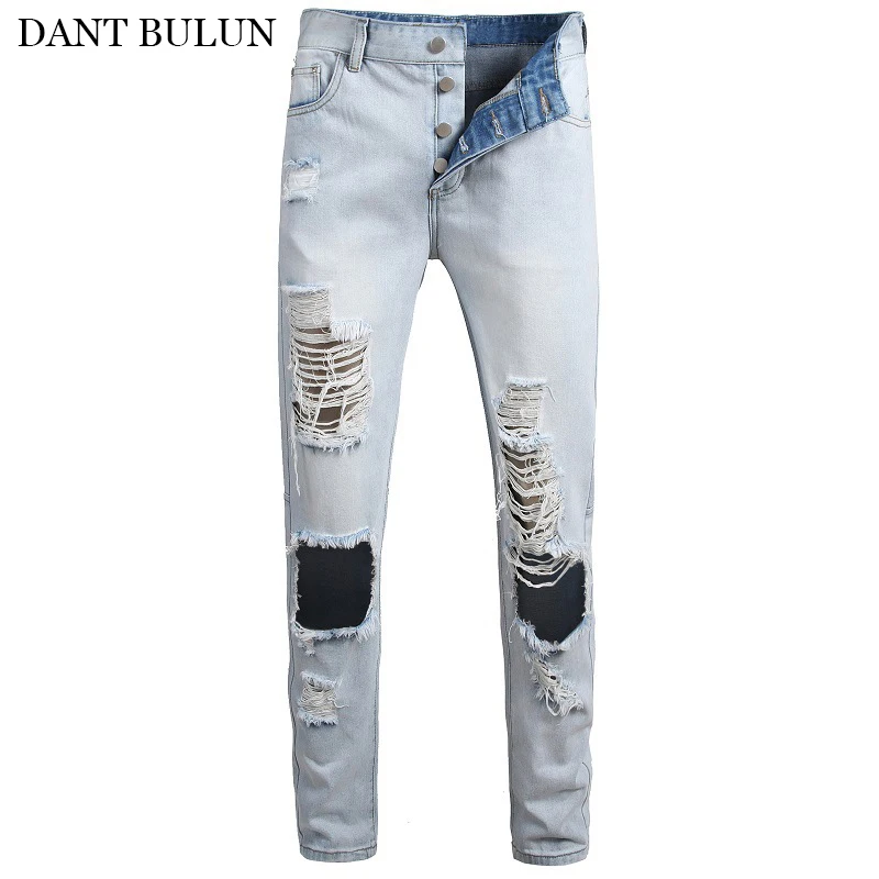 High Street Jeans Men Beggar Ripped Hole Denim Jeans Pants Distressed Hollow Out Design Hip Hop Button Fly Men's Homme Pants