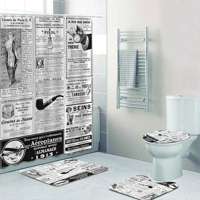 Decorative Vintage France Newspaper Bathroom Shower Curtain Set Old French Girl Women Shower Curtains Bath Rug Carpet Waterproof