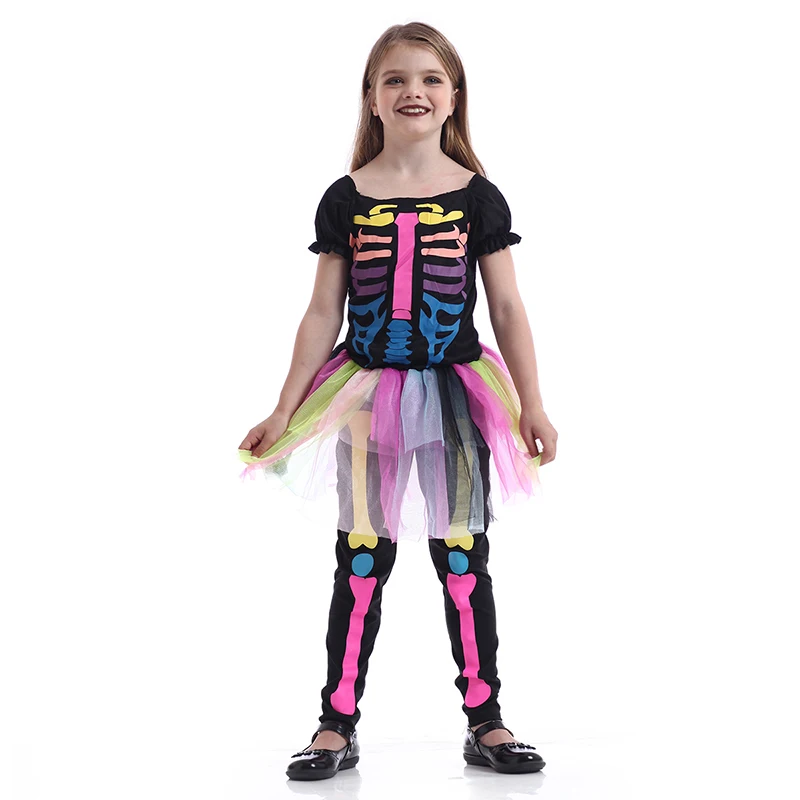 Szkielet kostium dla dziewczynek Halloween straszny kości kolorowy strój dzieci karnawał Cosplay Party duch strój dziecko