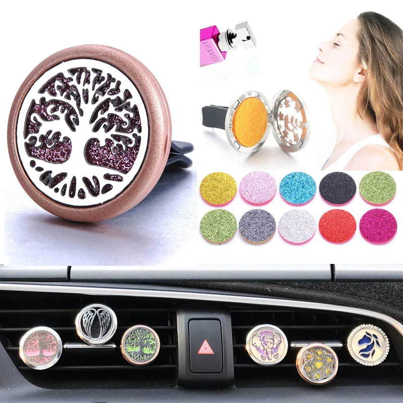 Vintage Wood Tree Of Life Aroma Car Air Freshener Stainless Steel Perfume Locket Essential Oil Diffuser Detachable Clip Jewelry
