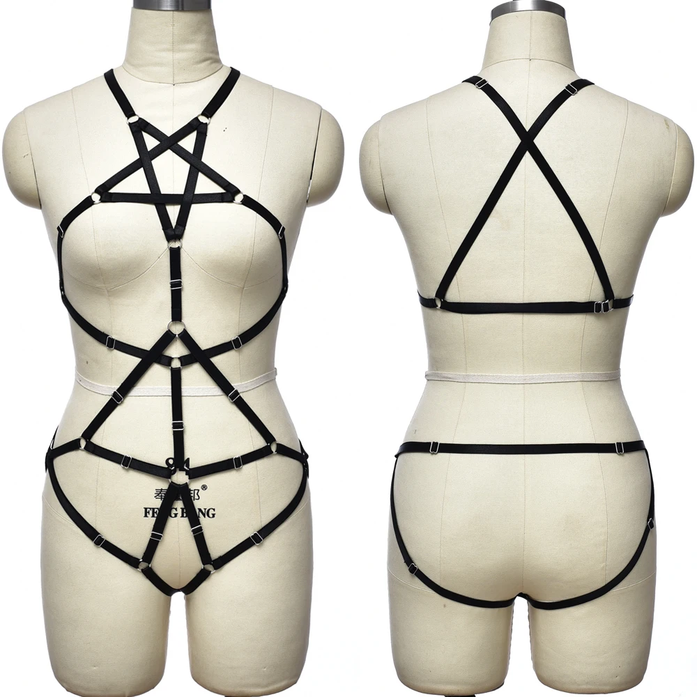 

Pentagram Goth Sexy Body Cage Belt Black Bodysuit Hollow Bondage Body Set Open Chest Lingerie Harness Bra Connection G-String