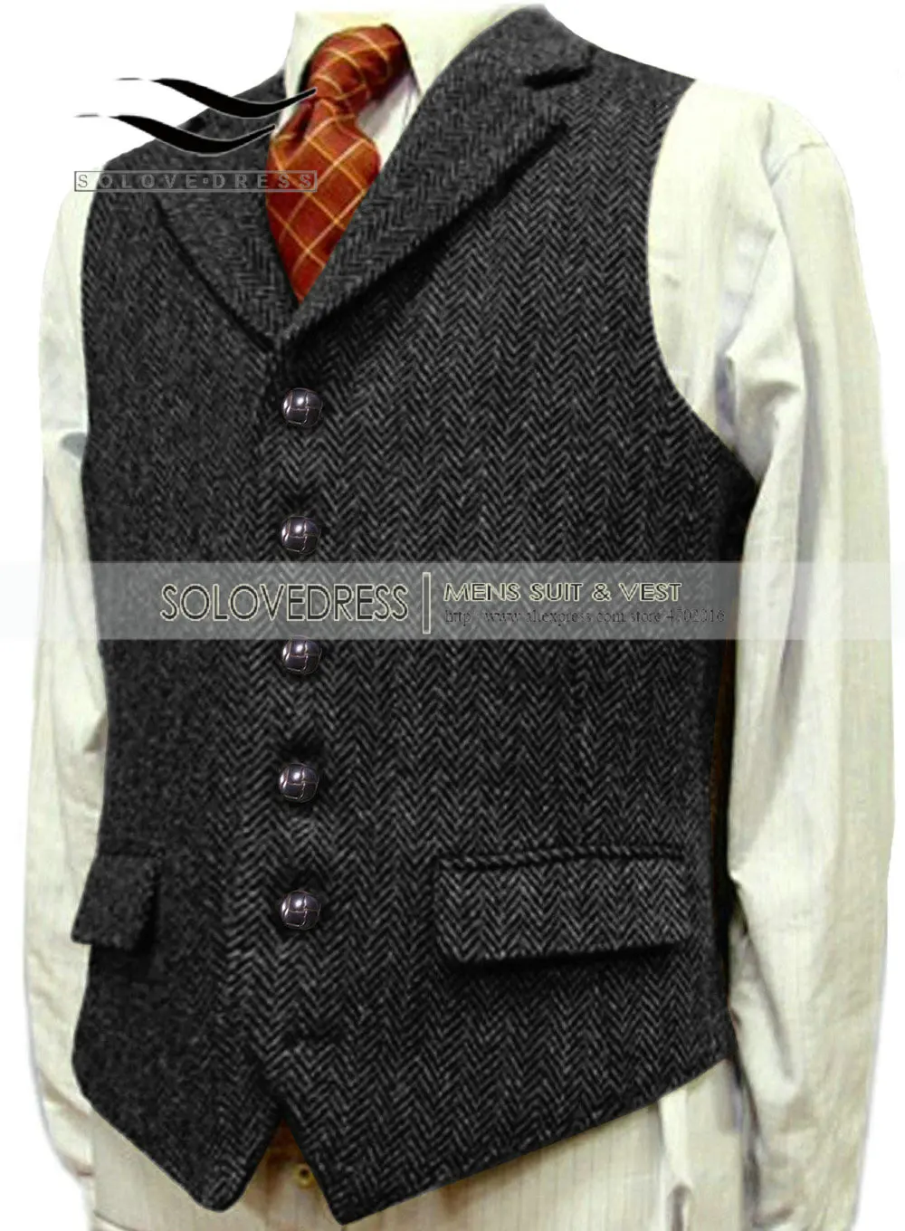 Mens Vest Casual Tweed Wool Slim Fit Notched Lapel Grey/Brown/Black Classic for Wedding Groomsmen Herringbone Men Waistcoat