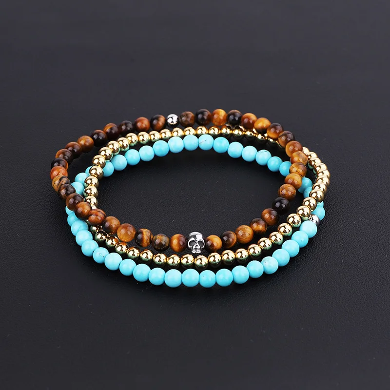 2020 New Men Bracelet Women Jewelry Bracelet Cute Design Stainless Steel Skull Natural Stone Beads Elastic Bracelet Male Female