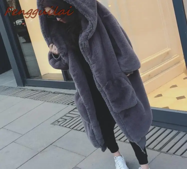 FENGGUILAI Winter Warm Plush Coat Luxury Soft Rabbit Fur Jacket Coat High Quality Women Thick Faux Fur Coat Black Dark Gray Coat