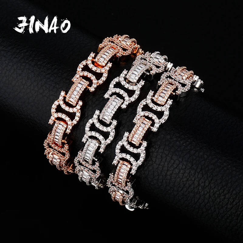 JINAO Fashion Gold Color Plated Micro Pave Cubic Zircon Bracelet All Iced Out Cuban Chain Hip Hop Jewelry For Woman Men Gift