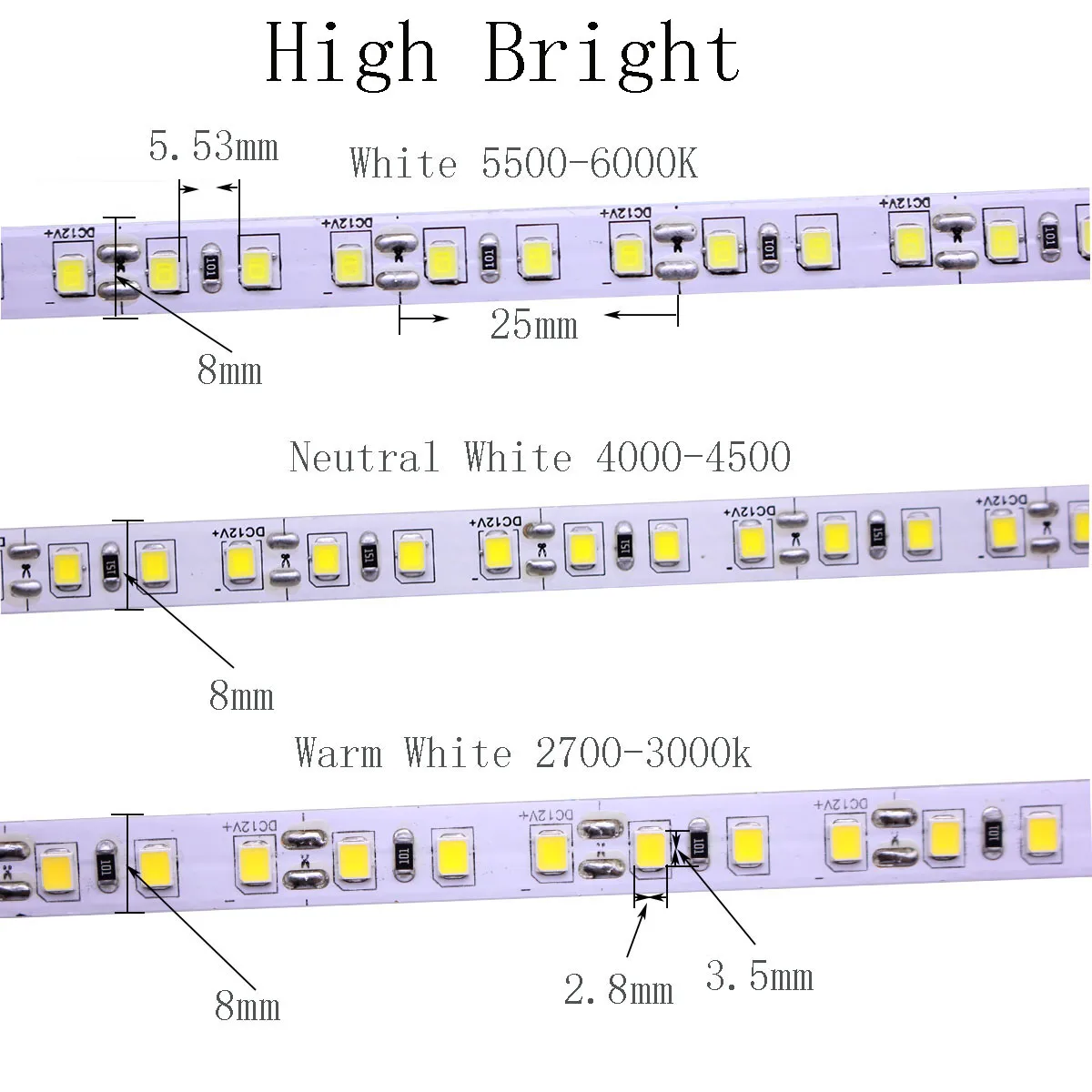 DC 12V 24V 120LED/m 5050 5054 5730 2835 5025 5m LED 스트립 라이트 테이프, CCT RGB 4000k 뉴트럴 화이트 화이트 웜 화이트