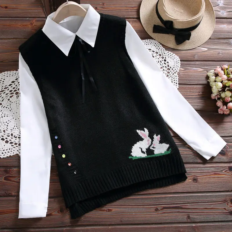 Loose Student College Wind Sweater Vest Female Cartoon Pattern Embroidery Round Neck Sleeveless Irregular Sweater Vest Women