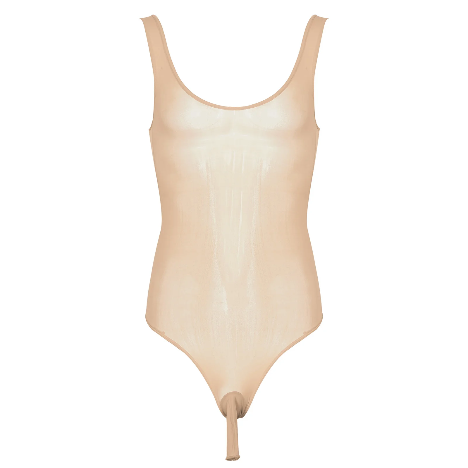 Mens Lingerie Sissy Bodysuit Scoop Neck Sleeveless Bodycon Teddies See-Through Open Bulge Pouch Leotard Underwear Nightwear