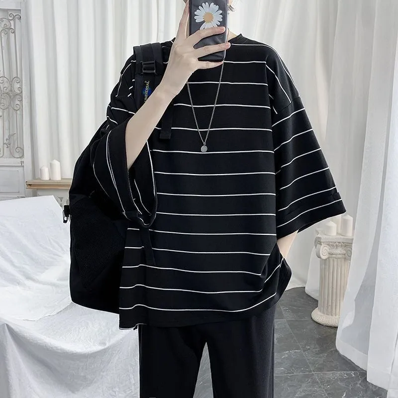 Cool Summer Oversized T-Shirt Men Funny Harajuku Tshirt Streetwear Femme Striped Japan Hip Hop Loose Half Sleeve T Shirts Male