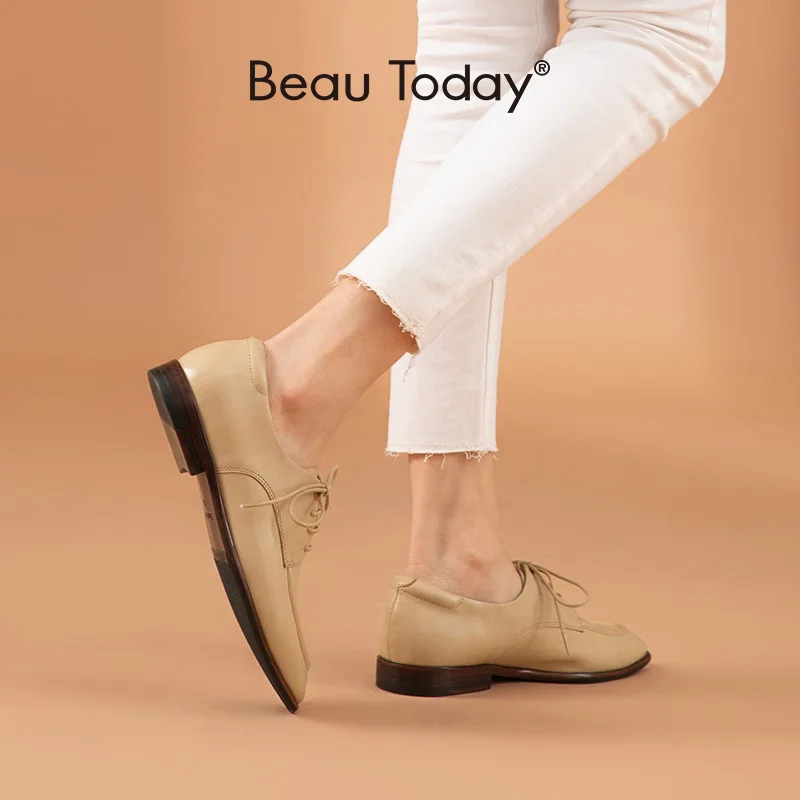 

BeauToday Leather Casual Shoes Women Calfskin Derby Waxing Square Toe Lace-Up Closure Female Dress Flats Handmade 21494