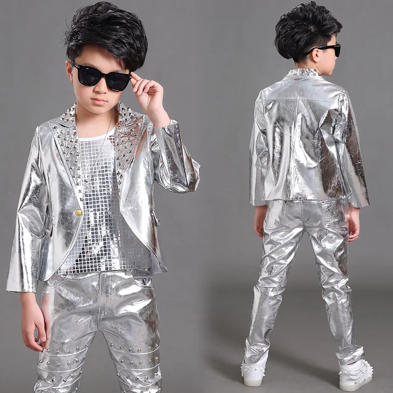 2020 Hip Hop Costumes Boys Long Sleeves Rivets Silver Coat Vest Pants Kids Jazz Performance Clothing Modern Stage Wear DNV14063