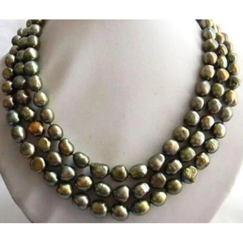 

3strands 18'' 8-9mm Green Baroque Freshwater Pearl Necklace