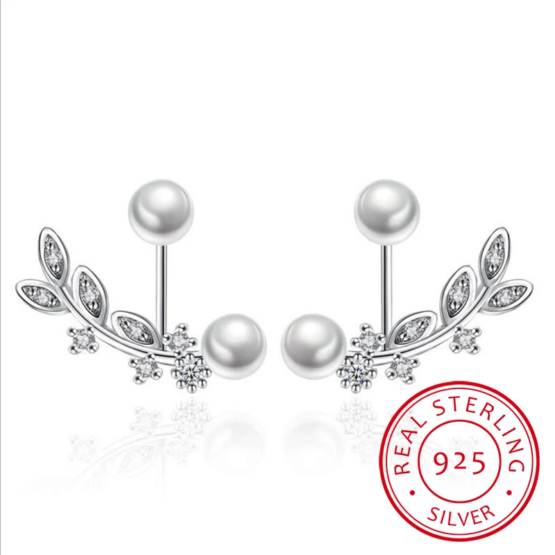 Newest 925 Sterling Silver Ear Jewelry Front Back Double Sided Leaves Petals Zirconia Pearl Stud Earrings brincos S-E265