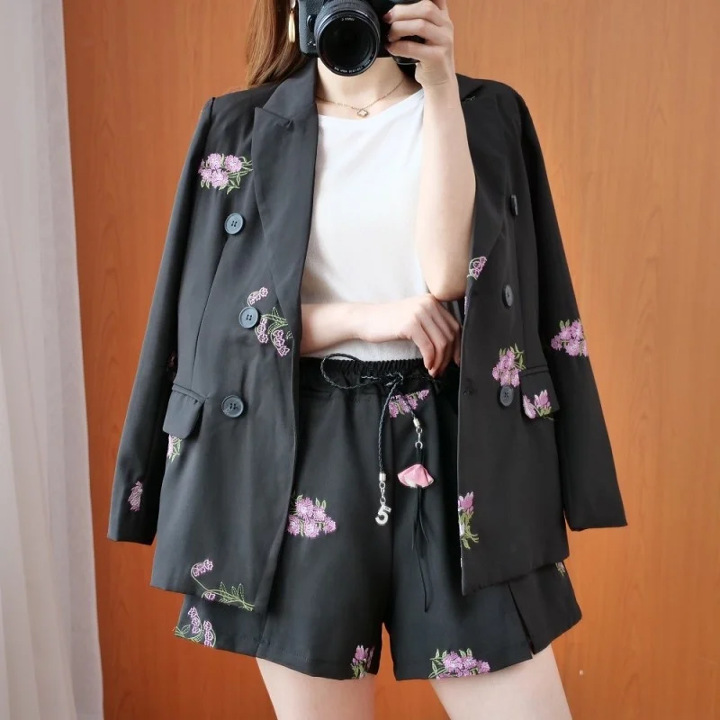 Women Fashion Floral Embroidery Blazer Suit Coat Elastic Waist Wide Leg Shorts Two Piece Set Loose Fit Office Ladies Suits Sets