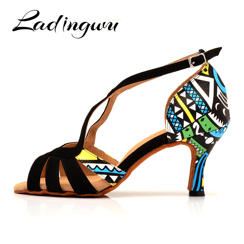 Ladingwu Hot Women Dance Shoes Latin Ballroom Dance Shoes Ladys girls Salsa Dance Shoes Suede And Featured printed leather Heel