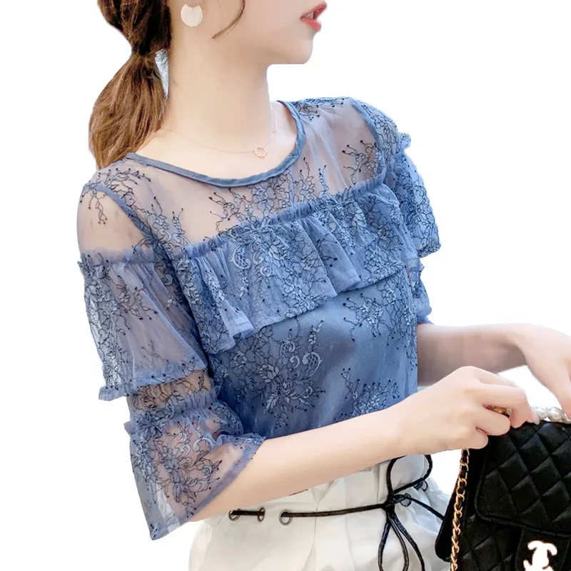 

2022 Fashion Women's Clothing Summer Lace Chiffon Top Clothes Cute Short-sleeved Floral Shirts Girls G275