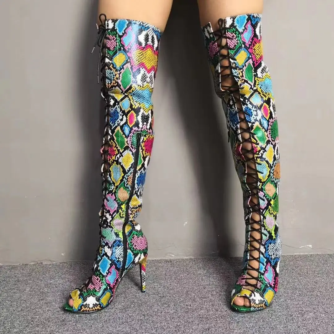 Latex Sexy Gladiator Snake Skin Colorful Over The Knee Summer Boots Gothic Lace Up Peep Toe High Heel Long Stretch Stockings