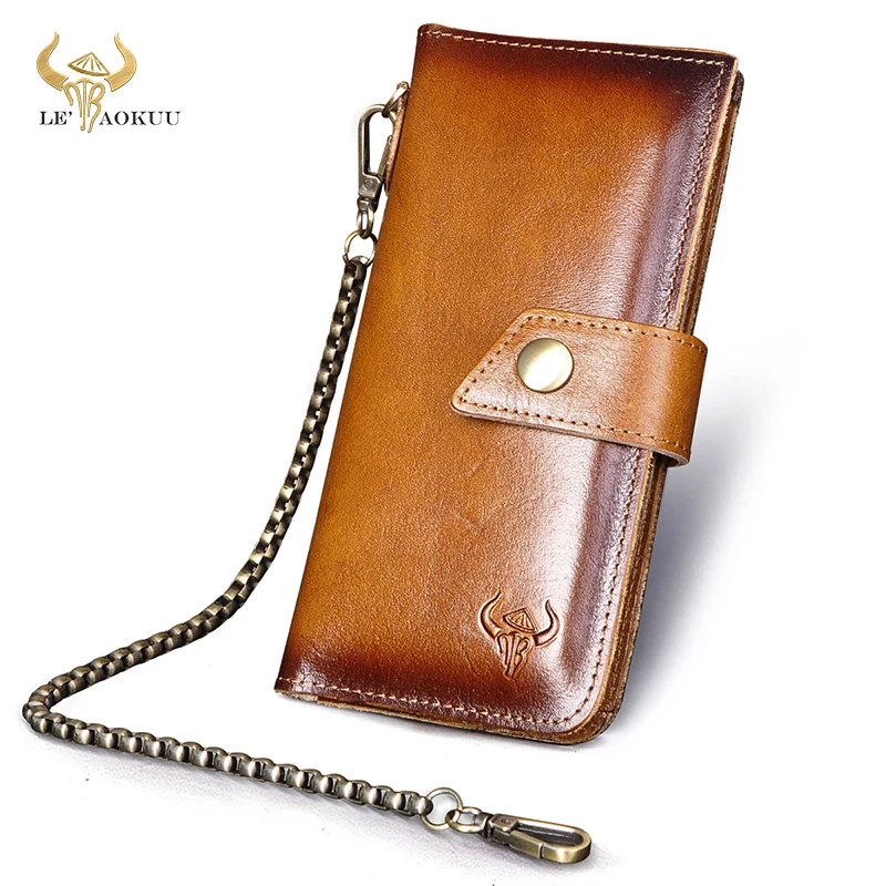 

Men Male Real Natural Leather Coffee Checkbook Business Card Holder Chain Safety Organizer Long Men's Wallet Purse Design 8645